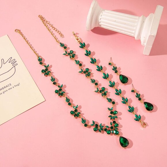Emerald Green Crystal Jewelry Set Wedding Prom Bridesmaids Gift Jewelry - Picture 4 of 7